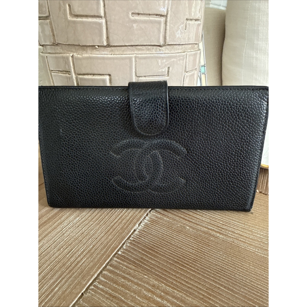 Chanel Black Caviar Leather Long Wallet Made in France